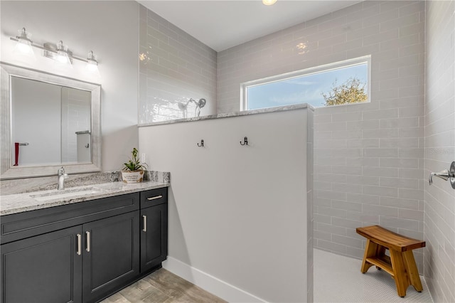 bathroom with vanity and a shower