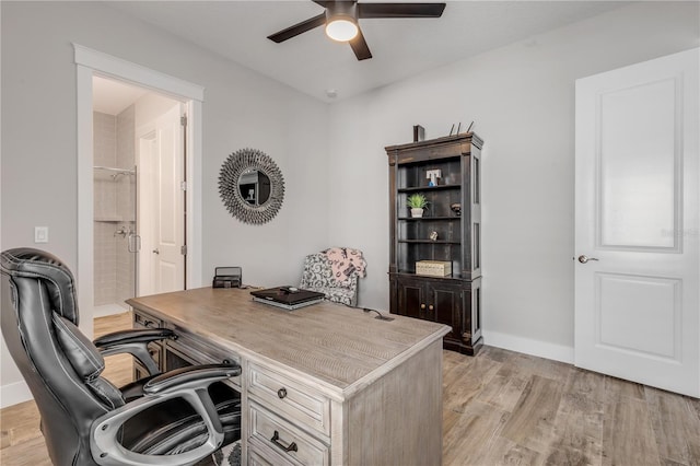 home office with ceiling fan and light hardwood / wood-style flooring