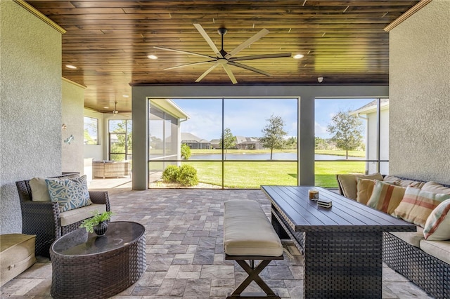 sunroom with wooden ceiling