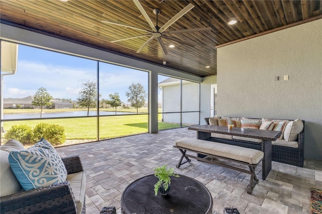 sunroom / solarium featuring wood ceiling