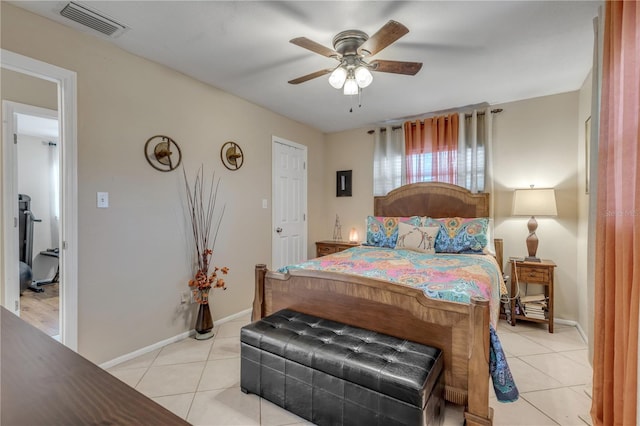 bedroom featuring ceiling fan and light tile patterned floors