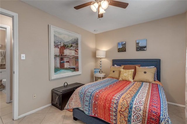 bedroom featuring light tile patterned flooring and ceiling fan