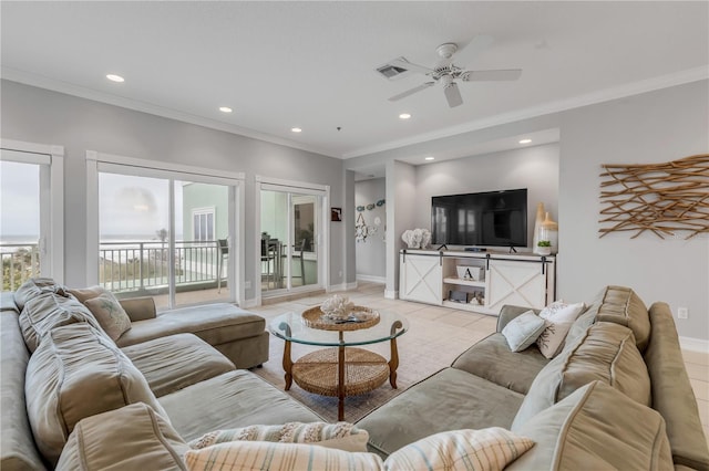 living room with crown molding, light tile patterned floors, and ceiling fan