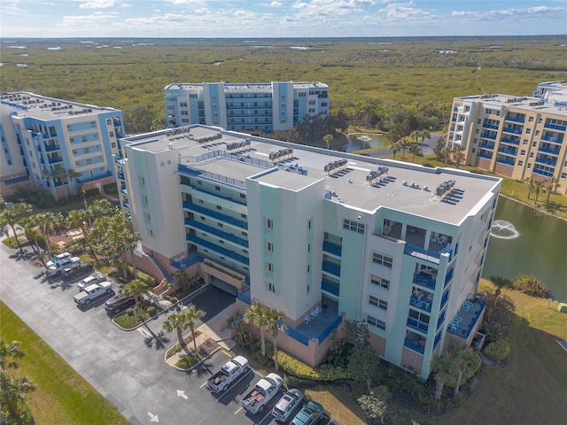 bird's eye view with a water view