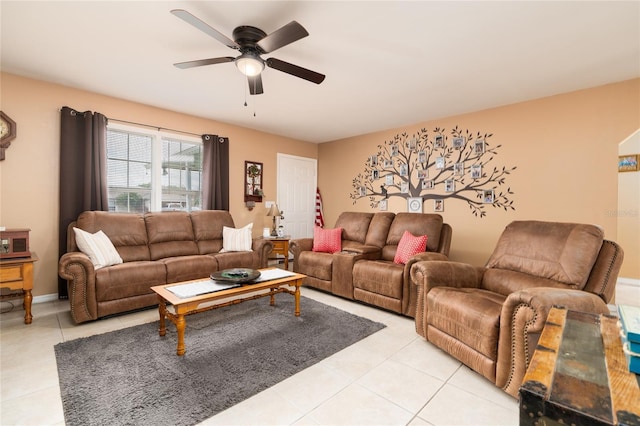 living room with light tile patterned floors and ceiling fan