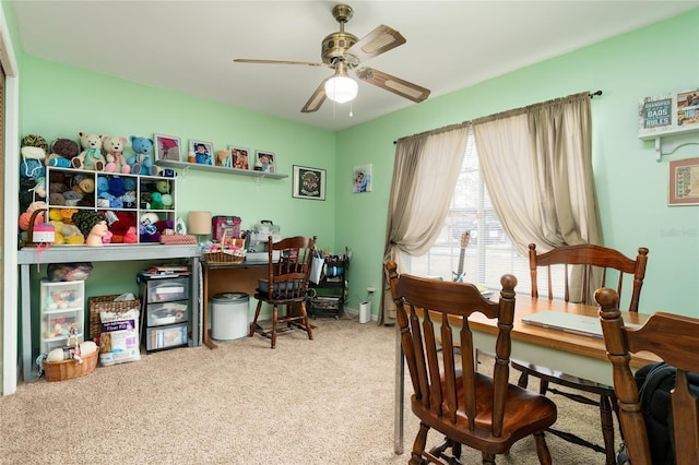 interior space featuring ceiling fan and carpet