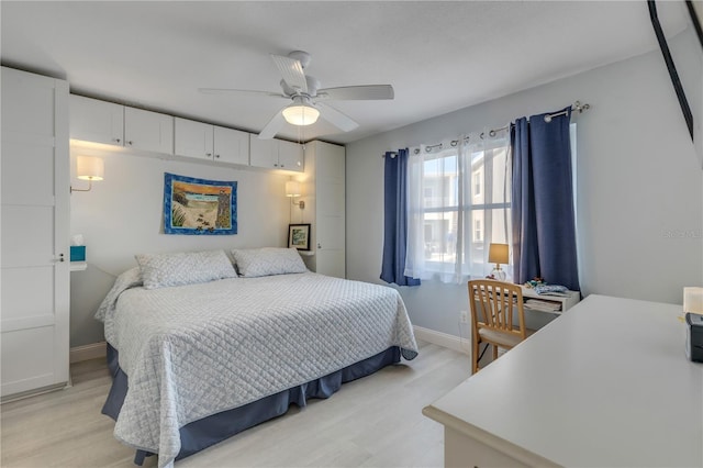 bedroom with ceiling fan and light hardwood / wood-style flooring