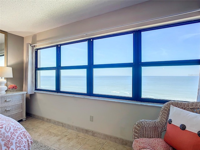 bedroom featuring a water view and a textured ceiling