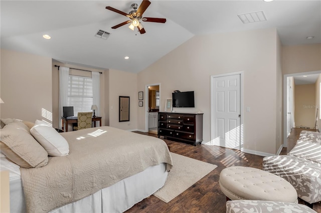 bedroom featuring ceiling fan, dark wood-type flooring, and high vaulted ceiling