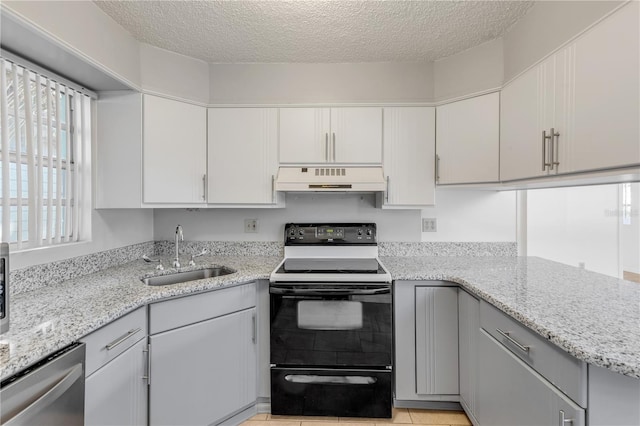 kitchen with sink, a textured ceiling, electric range, dishwasher, and light stone countertops