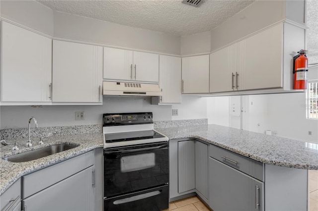 kitchen featuring sink, gray cabinetry, kitchen peninsula, a textured ceiling, and black / electric stove