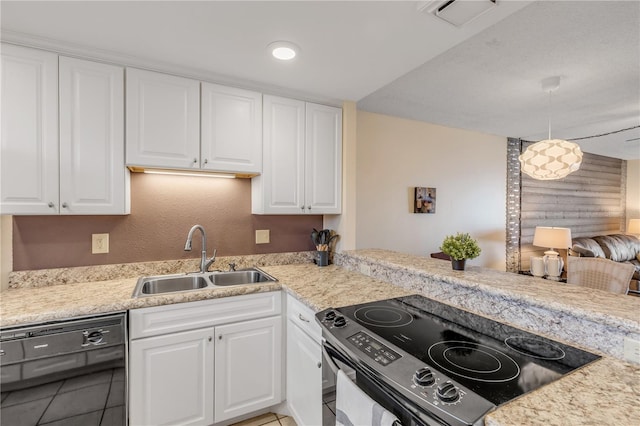 kitchen with white cabinetry, black dishwasher, electric range oven, and sink