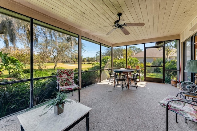 sunroom / solarium featuring ceiling fan and wood ceiling