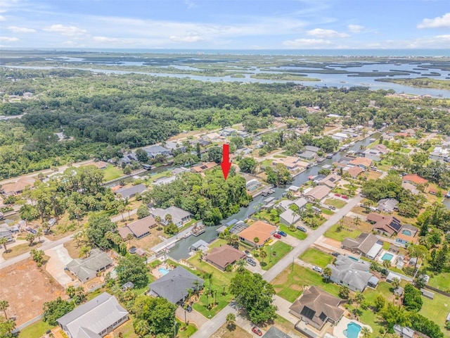 drone / aerial view featuring a water view