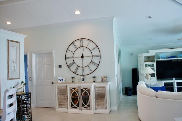 living room with crown molding and light tile patterned floors