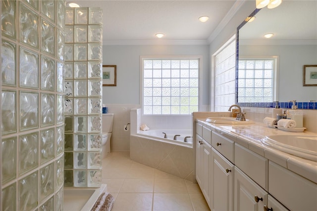 full bathroom with crown molding, tile patterned floors, and a healthy amount of sunlight