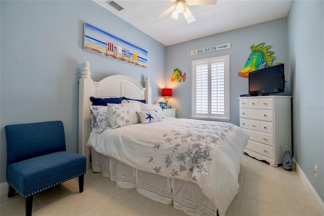 bedroom featuring ceiling fan and light tile patterned flooring