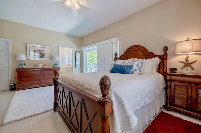 bedroom featuring light tile patterned floors, ensuite bath, and ceiling fan