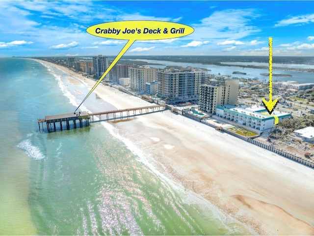 aerial view with a view of the beach and a water view