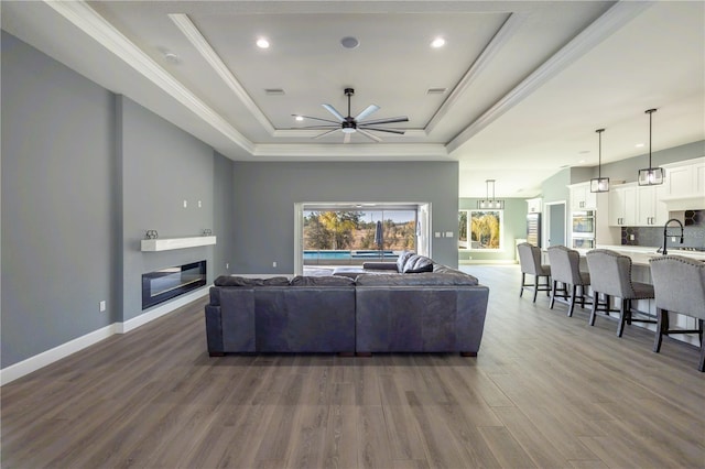 living room with ornamental molding, dark hardwood / wood-style floors, a raised ceiling, and sink