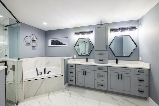 bathroom with vanity and plus walk in shower