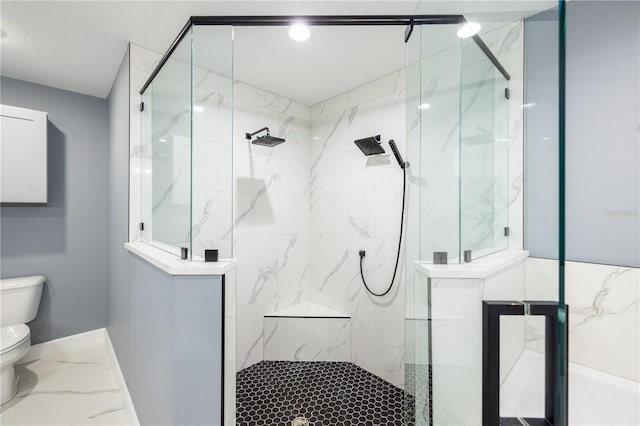 bathroom with tiled shower and toilet