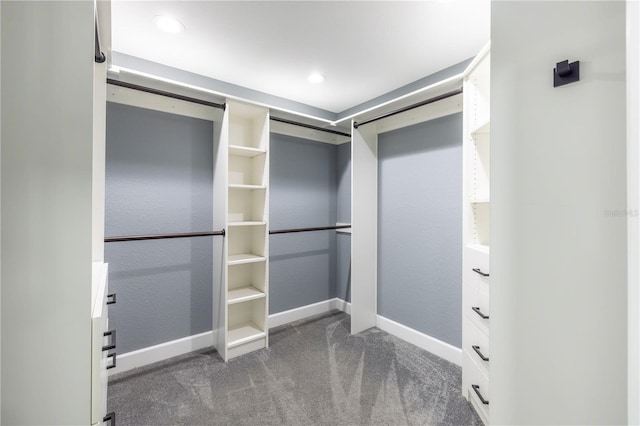 walk in closet featuring dark colored carpet