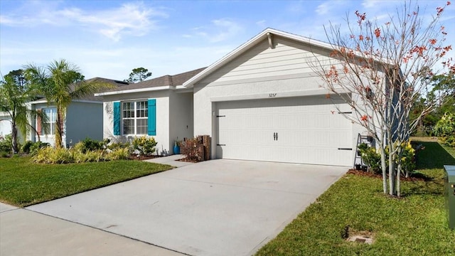 ranch-style home featuring a garage and a front lawn