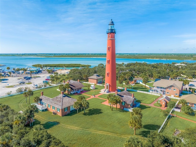 drone / aerial view with a water view