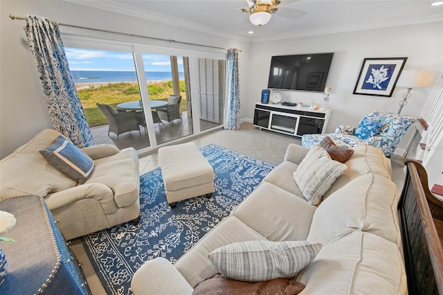 living room featuring light tile patterned flooring, ceiling fan, and crown molding