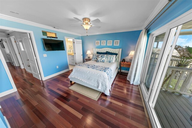 bedroom featuring ornamental molding, dark hardwood / wood-style floors, and access to exterior