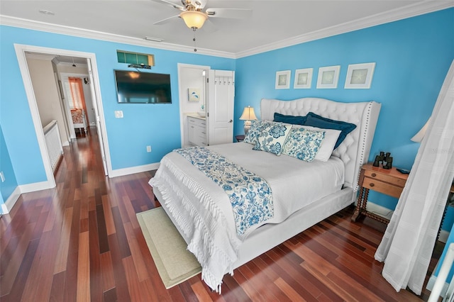 bedroom with ceiling fan, ornamental molding, and dark hardwood / wood-style floors