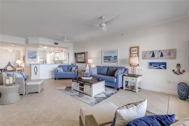 living room featuring light tile patterned flooring, ceiling fan, and ornamental molding