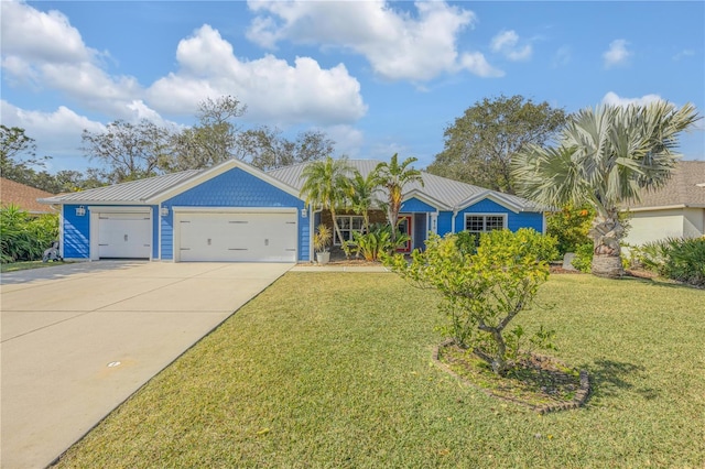 ranch-style house with a garage and a front lawn