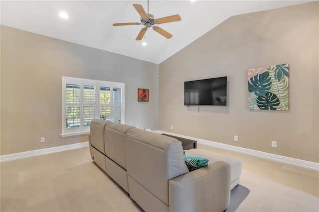 living room with high vaulted ceiling and ceiling fan