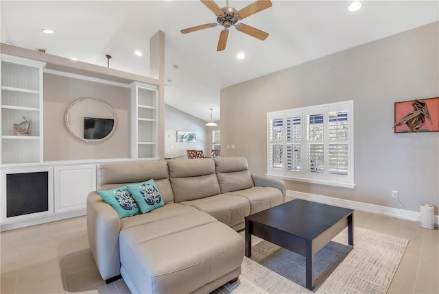 living room with vaulted ceiling, built in features, and ceiling fan