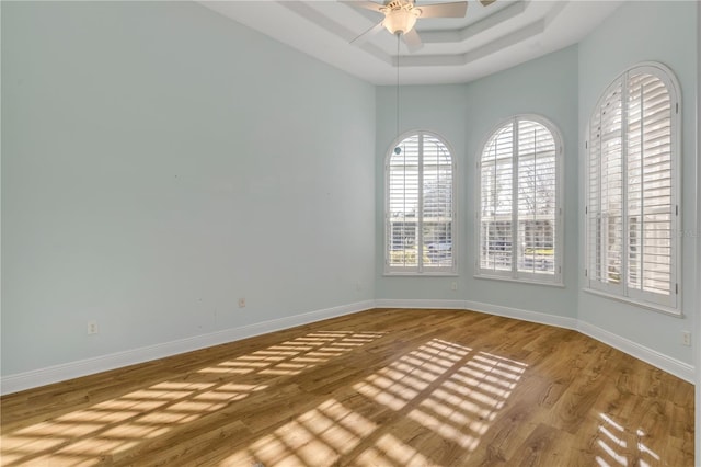 spare room featuring a raised ceiling, ceiling fan, and light hardwood / wood-style flooring