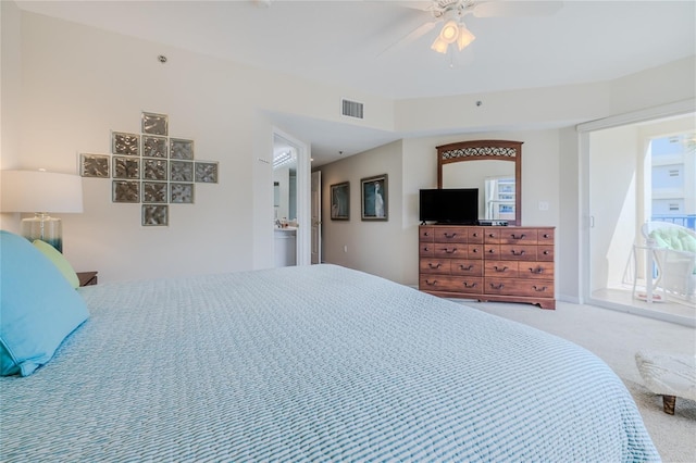 bedroom with ceiling fan and carpet