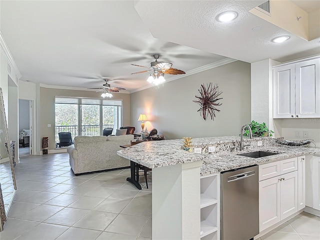 kitchen with light tile patterned flooring, a peninsula, a sink, dishwasher, and crown molding