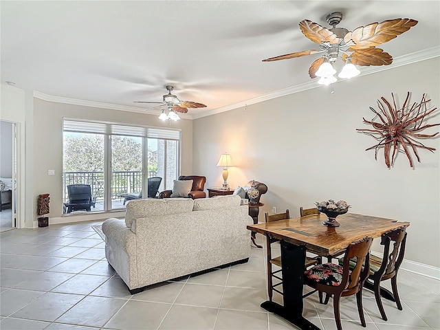 living room with ornamental molding, a ceiling fan, baseboards, and light tile patterned floors