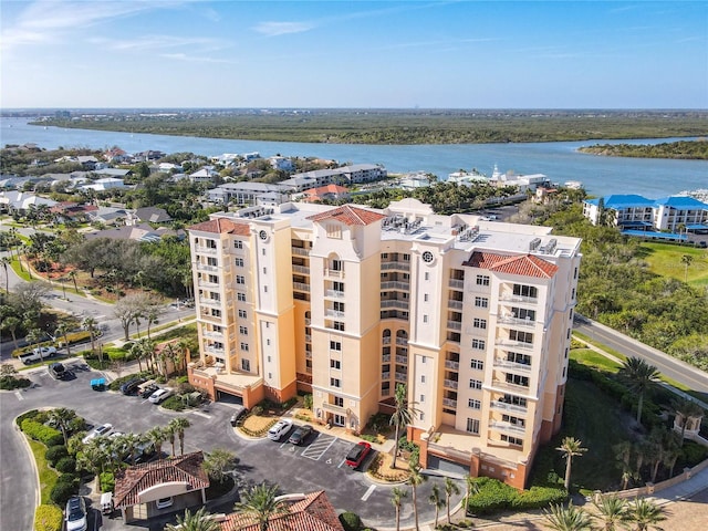 aerial view featuring a water view