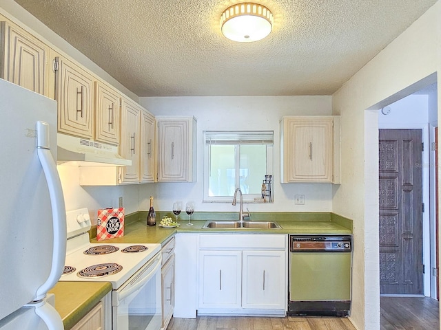 kitchen with sink, white appliances, a textured ceiling, and light wood-type flooring