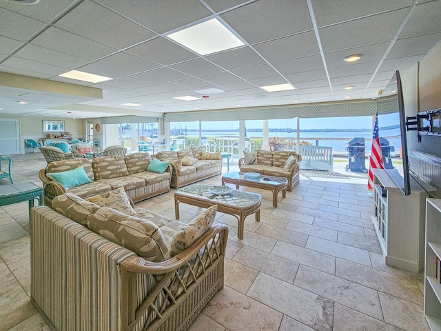 building lobby featuring a water view