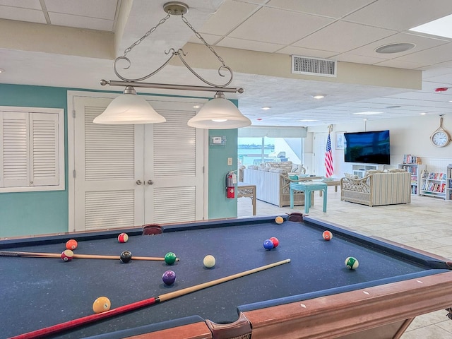 rec room with a paneled ceiling and billiards