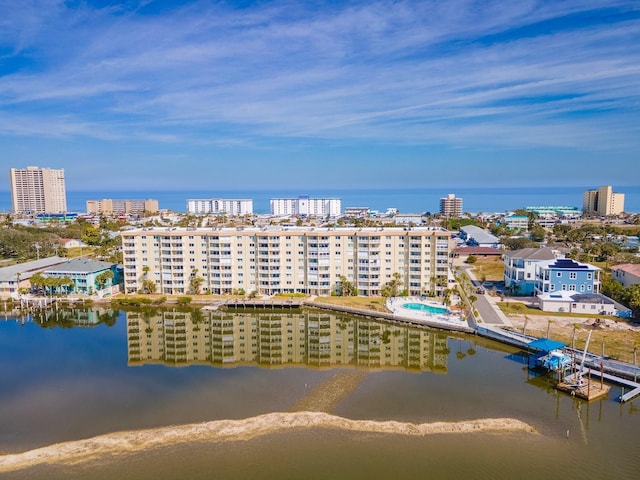 drone / aerial view featuring a water view