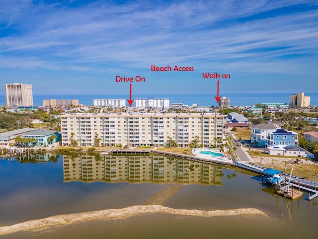 bird's eye view with a water view