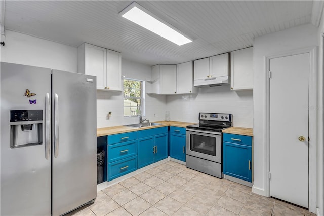 kitchen featuring blue cabinetry, sink, stainless steel appliances, decorative backsplash, and white cabinets