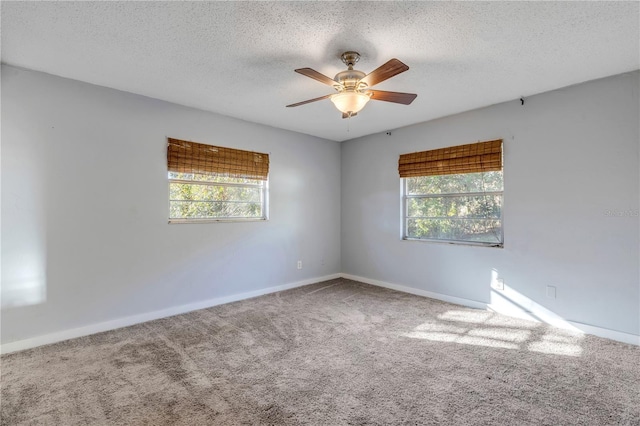 carpeted empty room featuring ceiling fan, plenty of natural light, and a textured ceiling