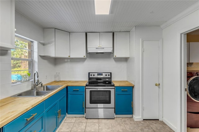 kitchen with sink, stainless steel electric range, white cabinets, blue cabinets, and wood counters