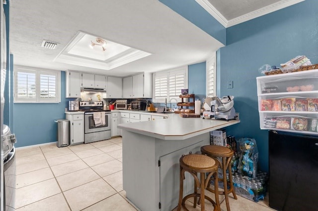 kitchen with a breakfast bar, crown molding, electric range, a tray ceiling, and kitchen peninsula